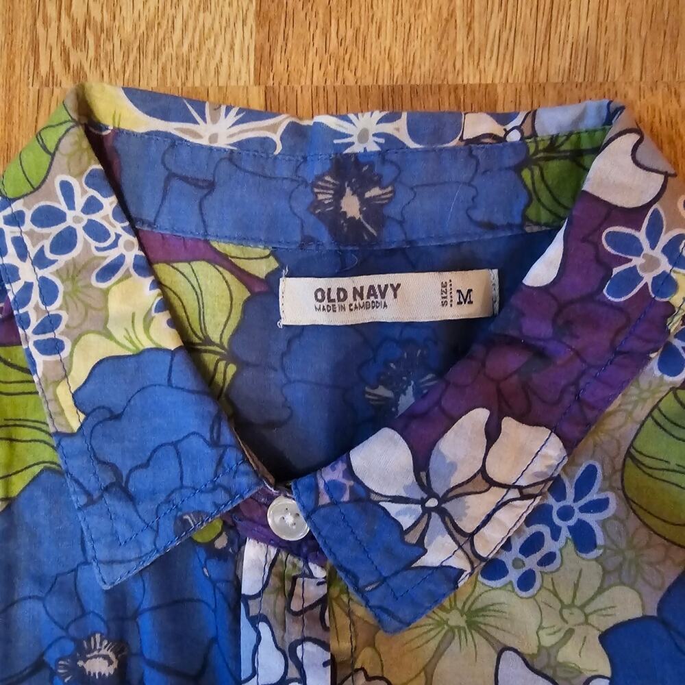 Blue Floral Button Down Cotton Shirt Women M Long Sleeve 2010 Layering - Picture 4 of 8